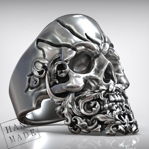 Skull Head Beard Biker Ring, Gothic Jewelry, Mens Biker Ring, Dark Fantasy Accessory, Handmade Masculine Band, Statement Gift