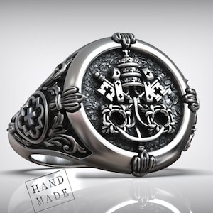 St Peter Schlüssel Ring, Rom Schmuck, Christian Siegel, Päpstlichen Kreuz Band, Handgemachtes Religiöses Geschenk, Sterling Silber Symbol