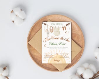 Invitación Baby Shower Aquí Viene el Hijo • Modelo Digital Editable • Tema Único Boho • Descarga Instantánea • Fiesta por Bimbo