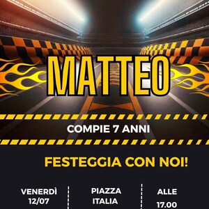 Puede incluir: Una invitaci&oacute;n de cumplea&ntilde;os con tem&aacute;tica de carreras. El nombre "MATTEO" est&aacute; en letras amarillas grandes. La invitaci&oacute;n incluye el texto "COMPIE 7 ANNI" y "FESTEGGIA CON NOI!" con la fecha, hora y lugar.