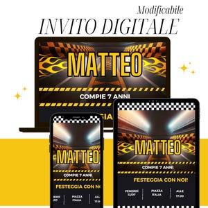 Puede incluir: Dise&ntilde;o de invitaci&oacute;n digital con el nombre "MATTEO" en amarillo con detalles de llamas, mostrado en un port&aacute;til, un smartphone y una tableta. El dise&ntilde;o incluye el texto "COMPIE 7 ANNI" y "FESTEGGIA CON NOI!" con detalles del evento.