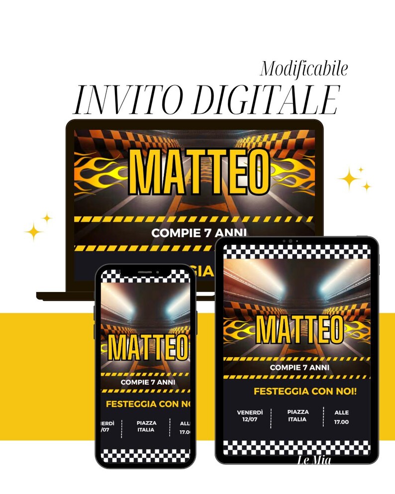 Puede incluir: Dise&ntilde;o de invitaci&oacute;n digital con el nombre "MATTEO" en amarillo con detalles de llamas, mostrado en un port&aacute;til, un smartphone y una tableta. El dise&ntilde;o incluye el texto "COMPIE 7 ANNI" y "FESTEGGIA CON NOI!" con detalles del evento.