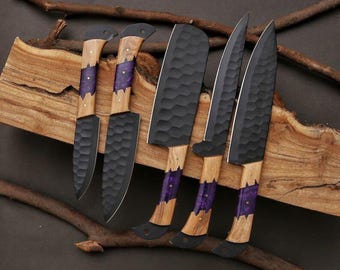 HANDMADE Damascus Steel Chef Knife Set, Kitchen Knives | Chef Knife Set, Handmade 5 Pcs Luxury Damascus Knife Gift for Him, Christmas Gifts