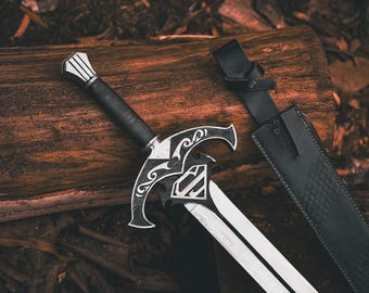Handmade Movie-Inspired, Fantasy Sword, Medieval Replica with Engraved Guard & Leather Sheath, Heroic Cosplay Prop, Collector Blade