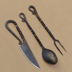 Viking fork-knife and spoon medieval cutlery set 3-piece medieval, hand-forged best gift for her|him