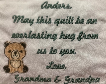 Quilt Label: Custom Medium embroidered label about 51/2" x 5 1/2" with bear