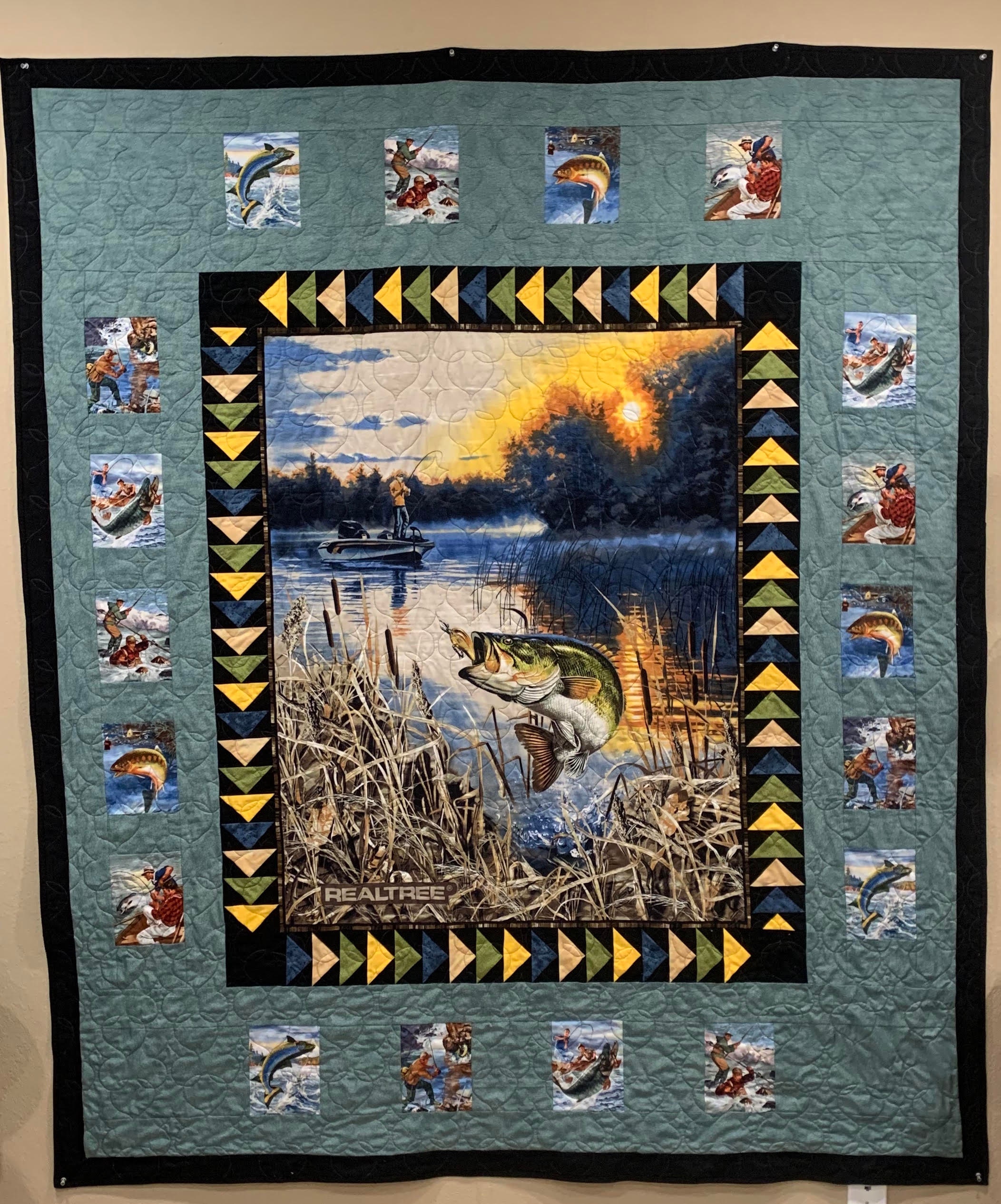 Fishing or Hunting Quilt With Large Bass Panel and Smaller Fishing Scenes -   Canada