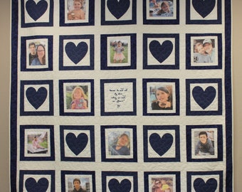 Custom Photo Memory Quilt With 12 Pictures and an Embroidered Box