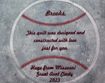 Embroidered Quilt Label: Baseball theme, Custom Wording