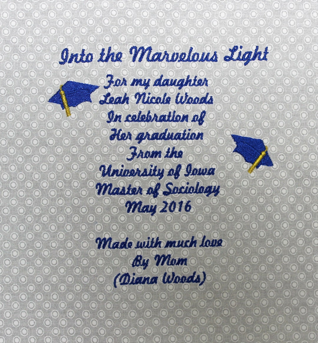 Embroidered Quilt Label Graduation Theme With Hats in School Colors