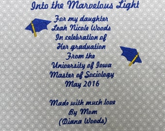 Embroidered Quilt Label: Graduation theme with hats in school colors, Quilt information and Custom wording