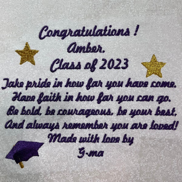 Custom embroidered Graduation Quilt label With stars and graduation hat