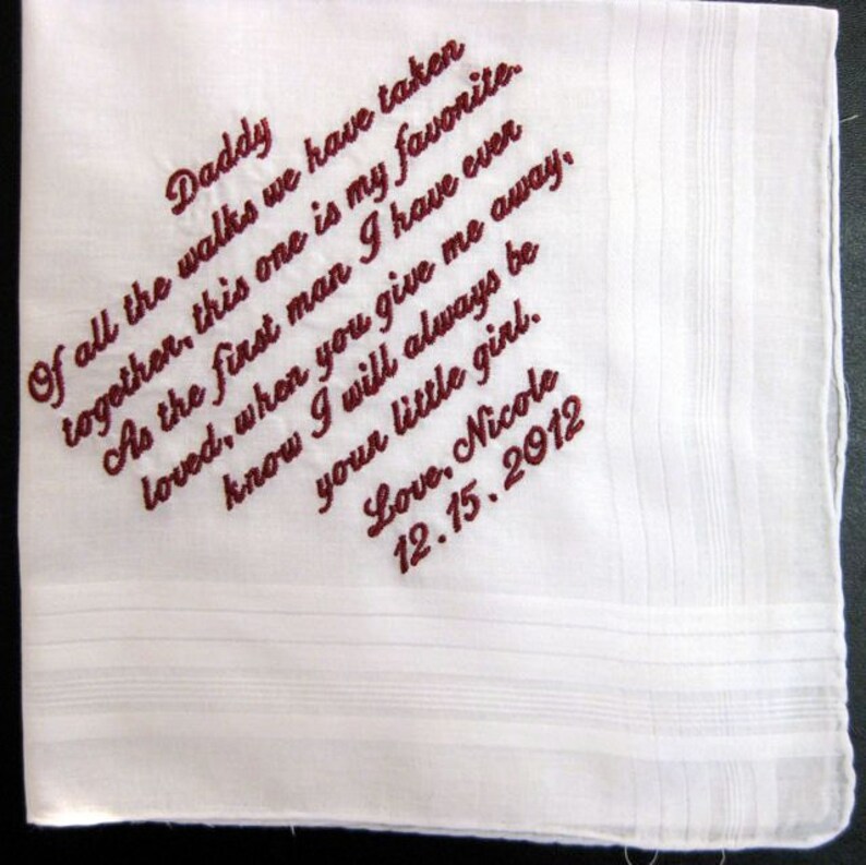 Embroidered Father of the Bride Handkerchief corner design with Wedding date White image 2
