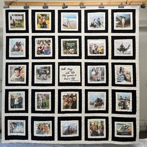 Photo Memory Quilt with 24 pictures; An  Embroidered Box; and an Embroidered Personalized label