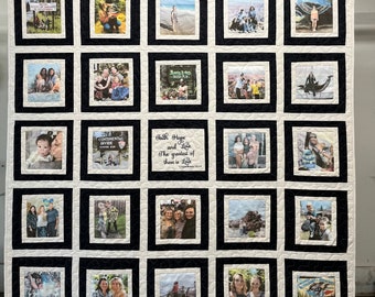 Photo Memory Quilt with 24 pictures; An  Embroidered Box; and an Embroidered Personalized label