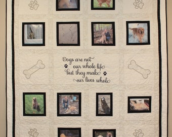 Dog Photo Memory Quilt With 12 Pictures, an Embroidered Box,Paw and Bone Embroideries