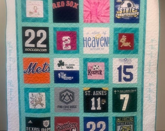 T-shirt Quilt with 20 Blocks and Embroidered Borders with Sayings