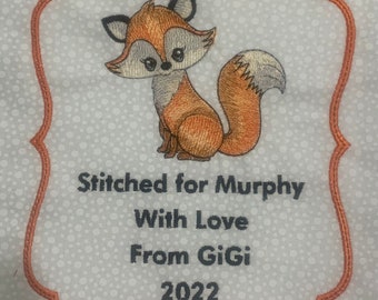 Quilt Label: Custom embroidered label with Fox Design about 51/2" x 5 1/2"