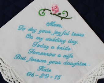 Mother of the Bride Handkerchief --Corner design with Wedding date, White with Crochet Border