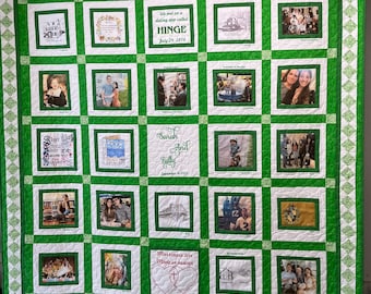 Full/Queen Wedding Photo Memory Quilt with 20 pictures and embroidered blocks.