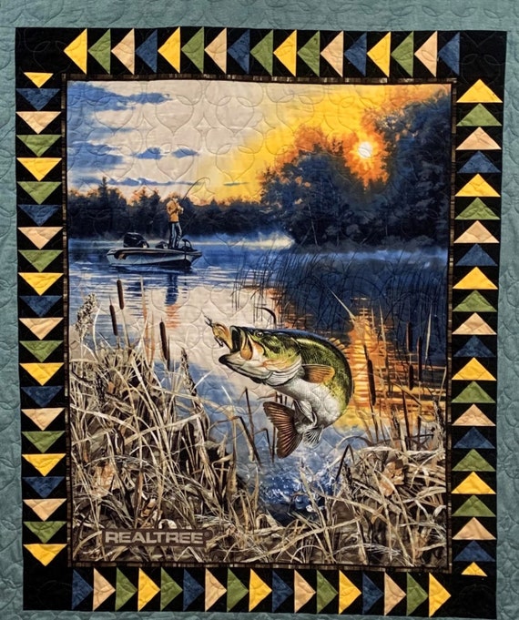 Fishing or Hunting Quilt With Large Bass Panel and Smaller Fishing Scenes 