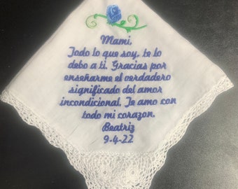 Embroidered Mother of the Groom Spanish Handkerchief --with Pink Rose and Wedding date; White