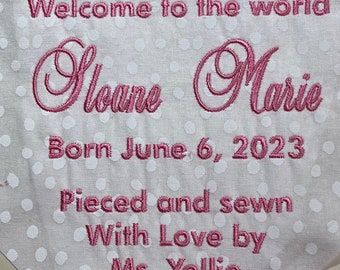 Embroidered Baby Quilt Label With Name and Birthdate