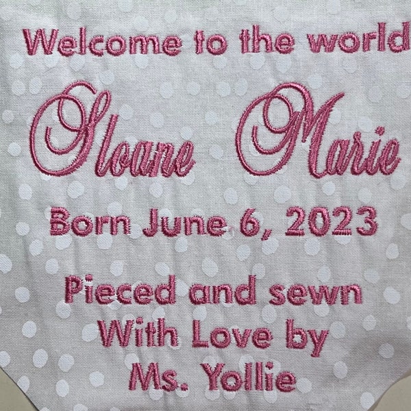 Embroidered Baby Quilt Label With Name and Birthdate