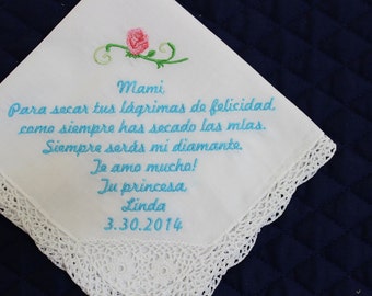 Mother of the Bride handkerchief in Spanish  --Corner design with Wedding date and rose White with Crochet Border