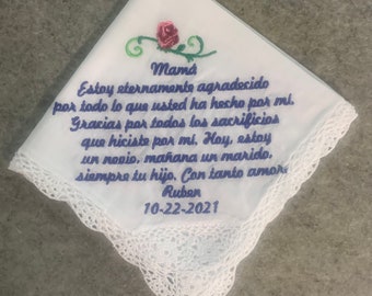 Embroidered Mother of the Groom Spanish Handkerchief from the groom---with Pink Rose and Wedding date; White