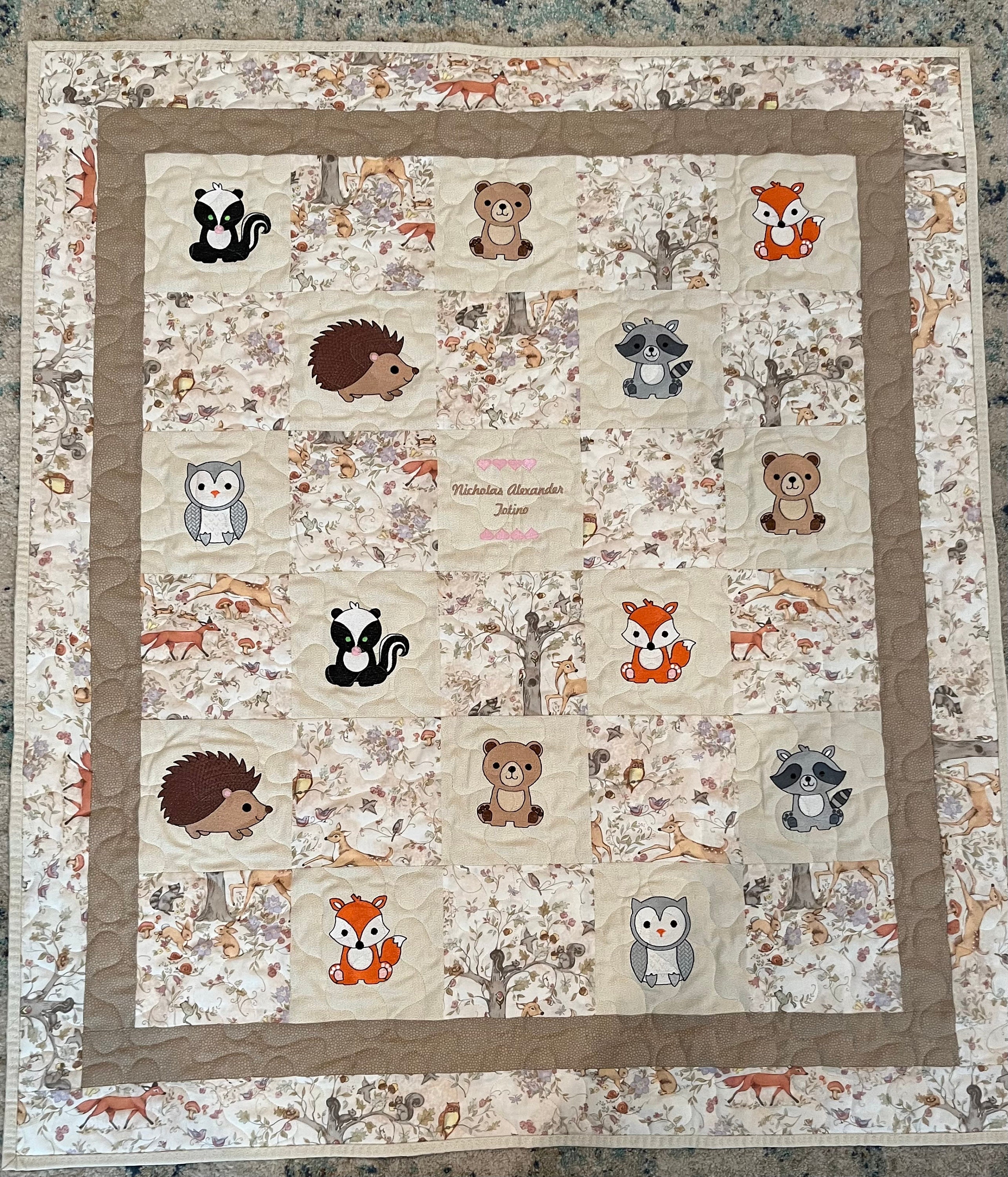 Set of 7 Vintage Look Embroidered Quilt Squares, Playful Animals, 9 Inch  Squares / Woodland Fabric Bundle LOT C, Deer, Raccoon, Fox, Bear 