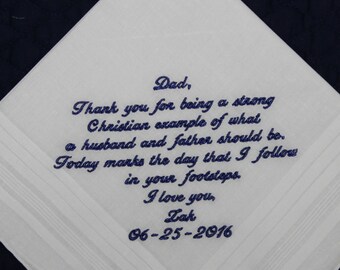 Father of the Groom Handkerchief from Groom --corner design with Wedding date White