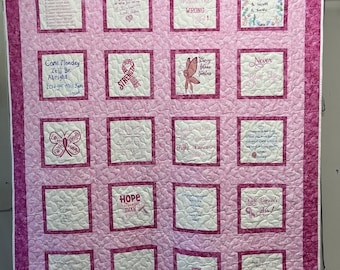Cancer Support Quilt with Embroidered Encouraging Sayings And Personal Notes From Loved Ones