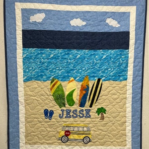 Baby Quilt with a Surfing Theme, Bus and personalized name