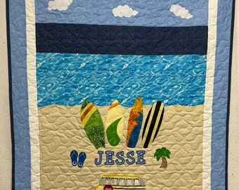 Baby Quilt with a Surfing Theme, Bus and personalized name