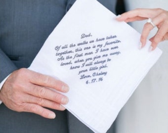 Embroidered Father of the Bride Handkerchief --corner design with Wedding date White