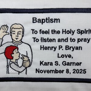 May include: Embroidered patch with a black border and the word "Baptism" at the top. The patch features an illustration of two figures and text that reads "To feel the Holy Spirit" and other religious text.