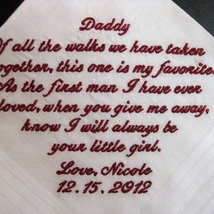 Embroidered Father of the Bride Handkerchief corner design with Wedding date White image 3