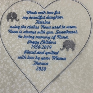 Extra Large &quot;In Memory Of&quot;  Quilt Label with elephant designs