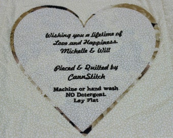 Large Wedding Quilt Label; Embroidered about 6 x 5.5 " with Custom Wording,  and embroidered border