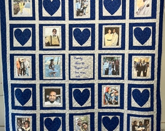Photo Memory Quilt with 14 pictures; An  Embroidered Box; heart appliques, and an Embroidered Personalized label