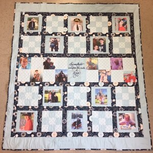 Memory Photo lap Quilt Customized and Personalized  with embroidered saying and 18 pictures