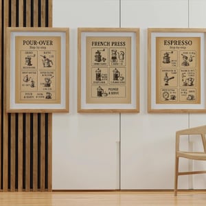 Set of 3 Coffee Brewing Guide Prints | Vintage Kitchen Wall Art | French Press, Pour Over, Espresso Barista Poster Bundle