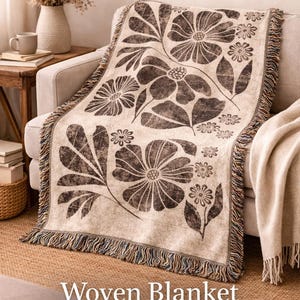Neutral Floral Woven Blanket | Boho Flower Throw, Tapestry Fringe