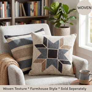 Farmhouse Barn Quilt Pillow Set | Texas Star & Stripe Woven Pillow | Neutral Blue Rustic Throw Pillows | Country Cottage Decor