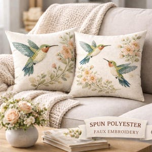 Hummingbird & Wildflower Pillow Cover, Embroidery (FAUX) Style Bird Decor, Cottage Garden Throw Pillow, Spring Floral Decor