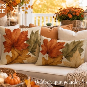 Buitenkussen aquarel herfstbladeren | Herfstdecoratie esdoornblad