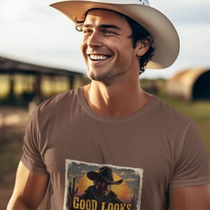 Western Graphic T-Shirt, Cowboy Theme Tee, Good Looks Bad Intentions Apparel, Casual Wear, Gift for Him, Vintage Style Clothing