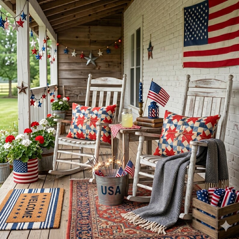 May include: A porch decorated for the Fourth of July with rocking chairs, pillows, and an American flag. Red, white, and blue star-shaped decorations and a welcome mat add to the festive atmosphere. A metal bucket with "USA" on it.