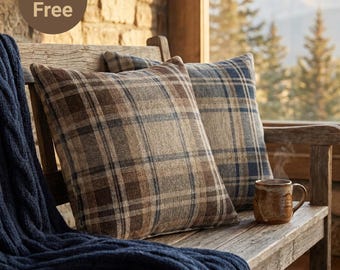 Brown & Blue Tartan Plaid Pillow Cover, Woven Farmhouse Throw Pillow, Heritage Plaid Cushion, Rustic Cabin Decor, Lakehouse Accent Pillow